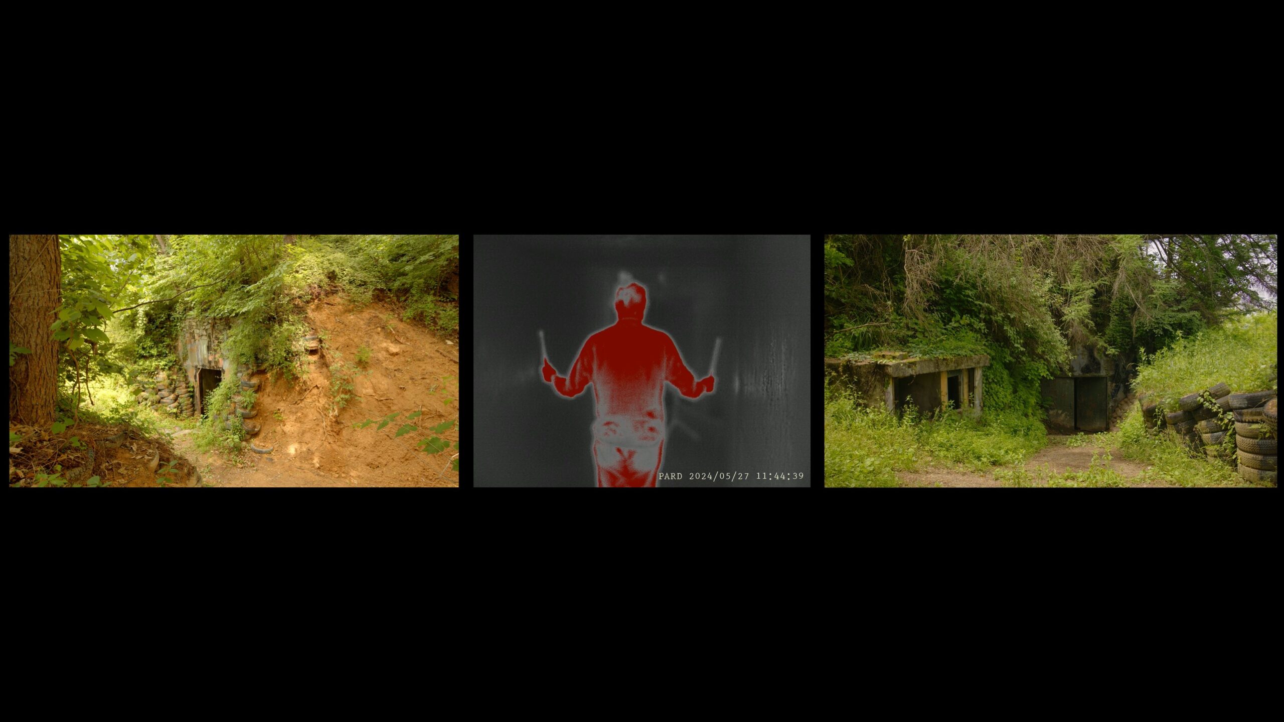 Jin-me Yoon, video still from As the Crane Flies Bunker (Sonic Transformations), 2025. 4K and thermal 3-channel video installation with sound, sandbags, netting, and wood. 15:05 minutes, dimensions variable. Courtesy the artist.