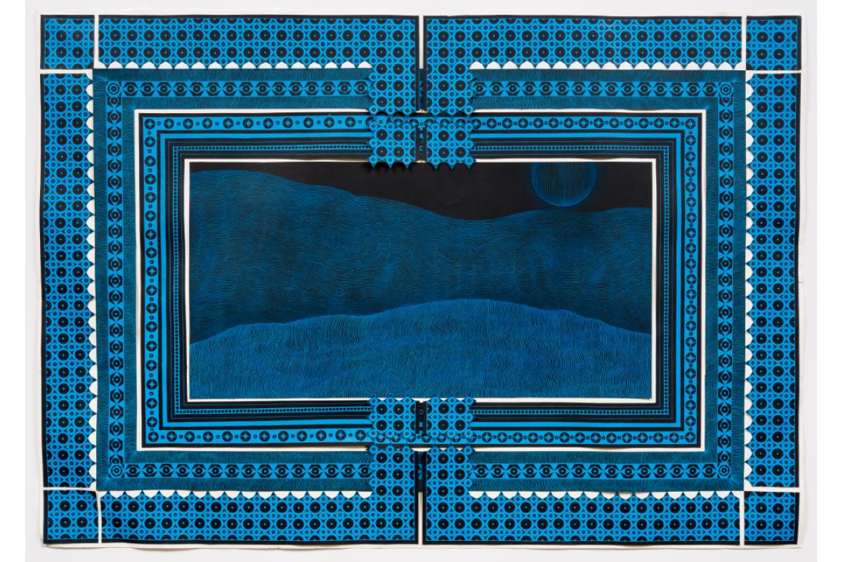 Image credit: Rawan Hassan, Vanishing Scenery By Cliffside, 2023, ink and charcoal on honeycomb grain paper and cotton paper dyed in butterfly pea flower water, 92.5 cm x 64.7 cm, City of Burnaby Permanent Art Collection